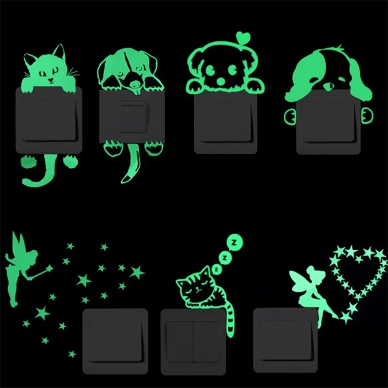 Light Switch Sticker Luminous Wall Stickers Cartoon Glow In The Dark Sticker Decal For Kids Room Decoration Home Decor Cat Fairy