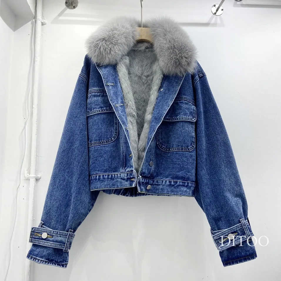 

Winter Women's Warm Natural Fox Fur coat + Real Rabbit Hair Liner Denim Jacket Female Multiple Pockets Fur Outerwear F2435