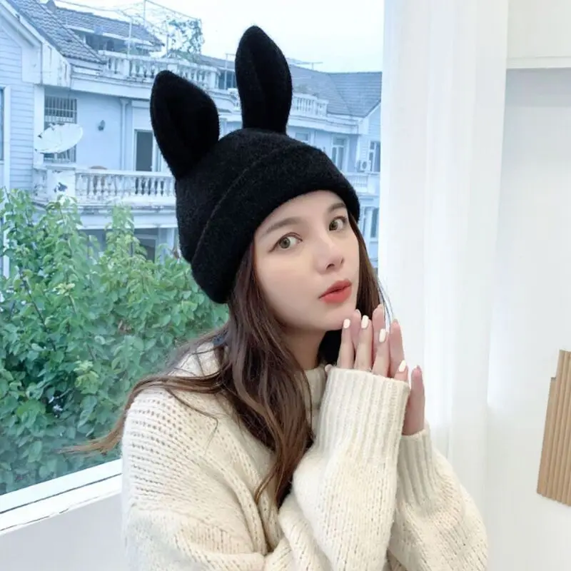 

2020 New Wool Hat Women Winter Beanie Outdoor Knit with Ears Cute Stretch Beanie Hat