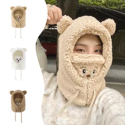 Cute Cartoon Bear Lamb Plush Warm Solid Panda Caps Scarf Set Mask Winter Cold Thickened Protection Ear Hat For Women Girl Gift