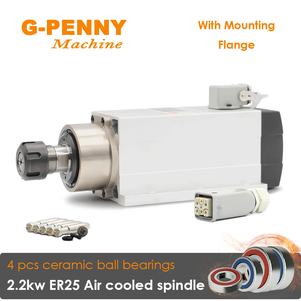 2.2kw ER25 220v/380v air cooled spindle motor with flange air cooling ceramic ball bearings spindle 0.01mm accuracy