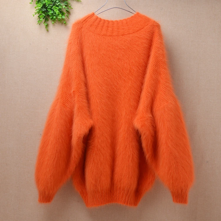 Female winter thick warm sweet lazy oaf plush mink cashmere long lantern sleeves angora fur loose pullover sweater coat jacket