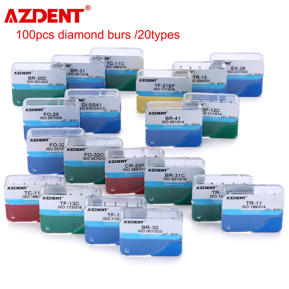 100pcs=5pcs*20 Boxes AZDENT Dental Diamond Burs for High Speed Handpiece Medium FG 1.6MM Bur Dentist Polishing Tools