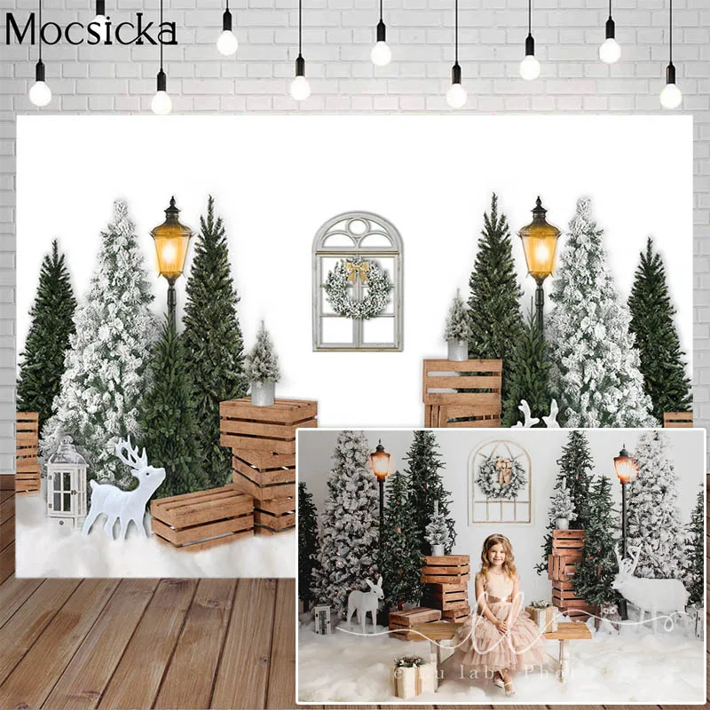 Merry Christmas Photography Background White Snow Scene Christmas Tree Wooden Box Props Child Birthday Portrait Photo Studio