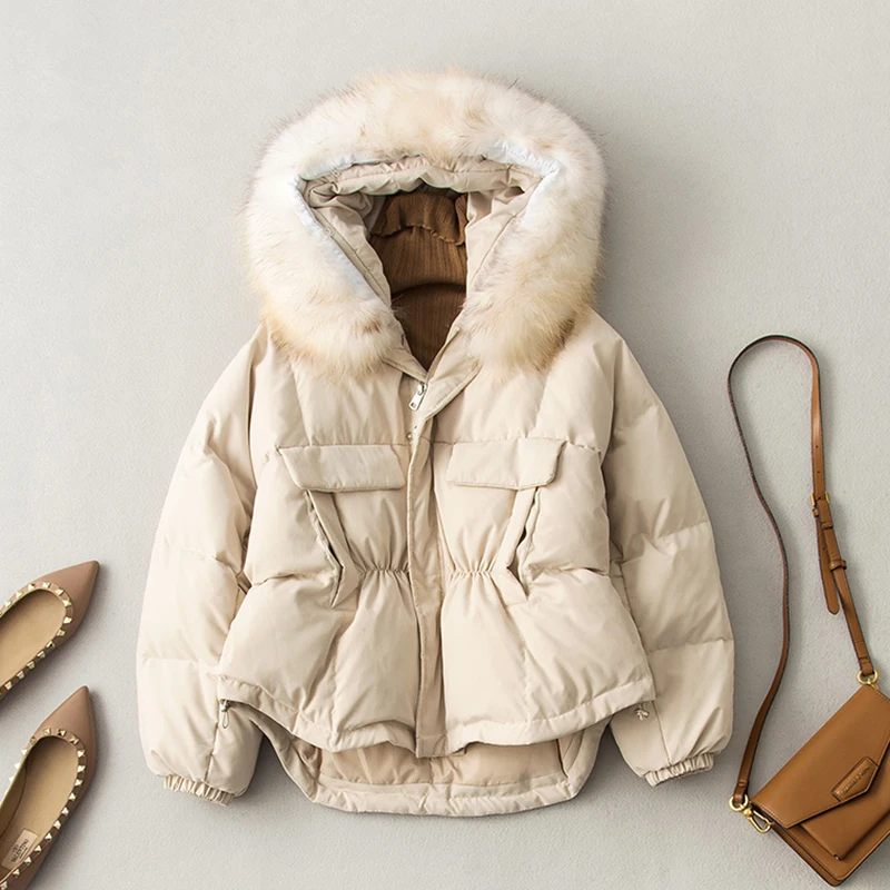 Fitaylor Winter 90% White Duck Down Irregular Jacket Women Big Real Raccoon Fur Hooded Short Coat Beige Loose Warm Snow Outwear