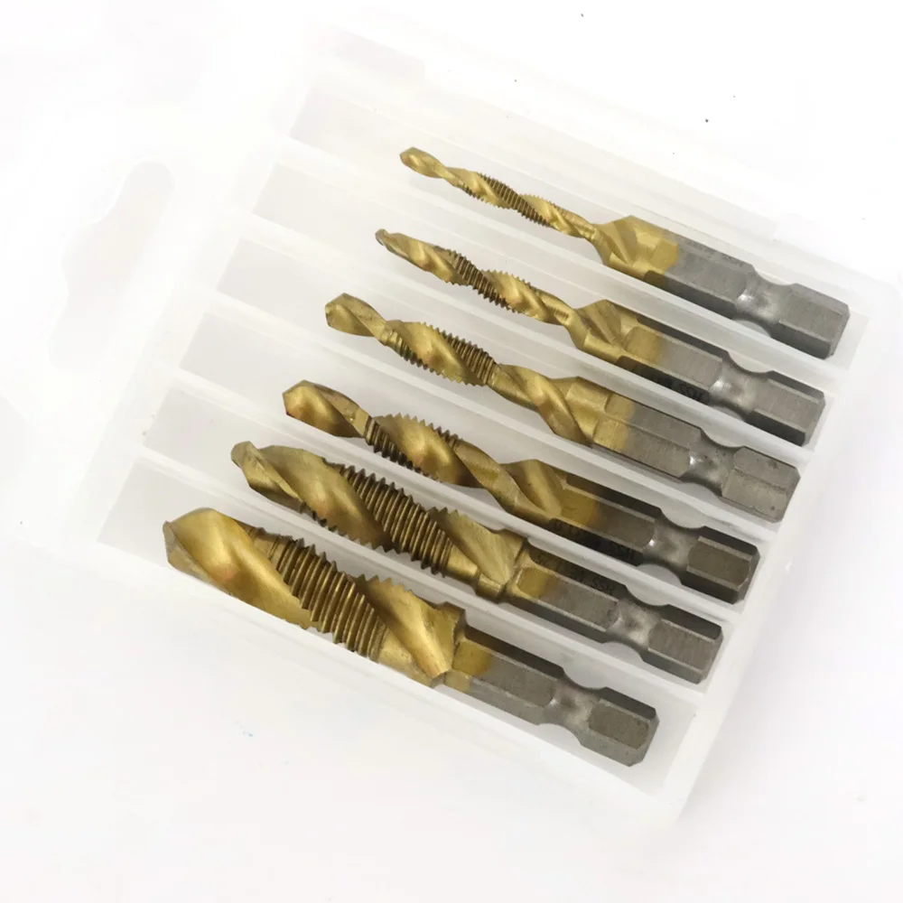 6Pcs Tap เจาะชุดไทเทเนียม Hex Shank HSS สกรูเมตริกเจาะ Bits Compound เครื่องมือ m3 M4 M5 M6 M8