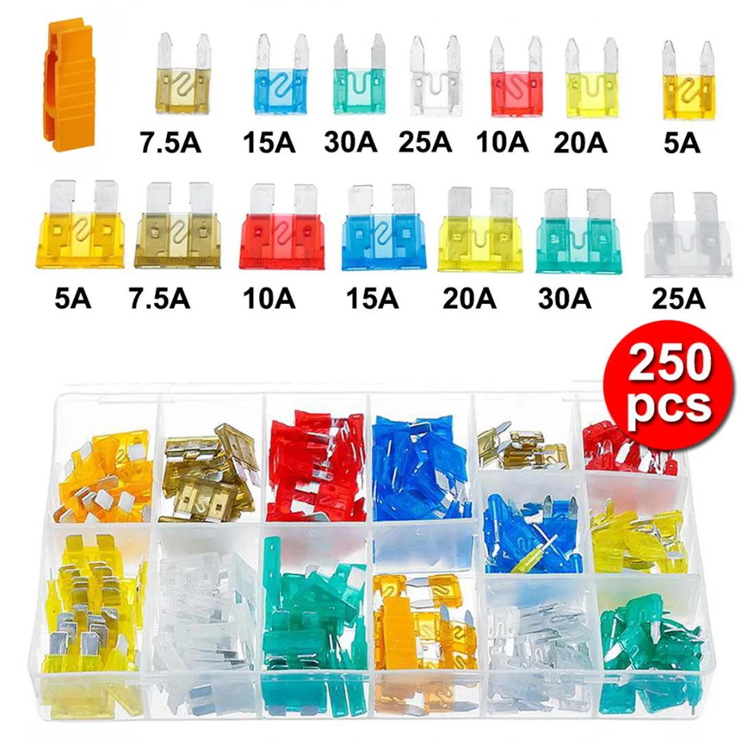 250pcs Car Fuses Assortment Auto Van Standard & Mini Blade Fuse 5-30AMP Set