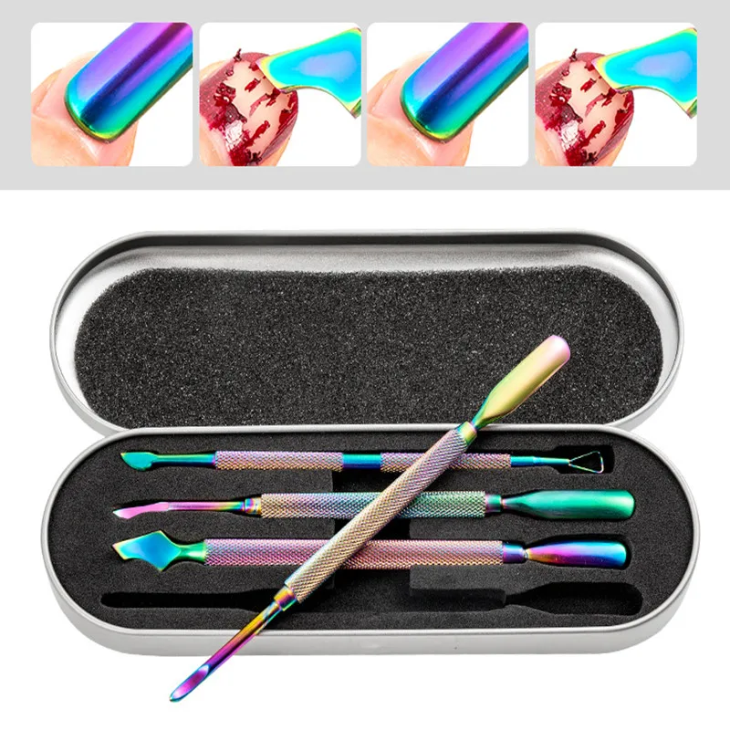 4Pcs Edelstahl Doppel Seite Maniküre Set Nail art Häutchen Pusher-Tool Dead Skin Remover Gel Polnischen Pediküre Reinigung werkzeug