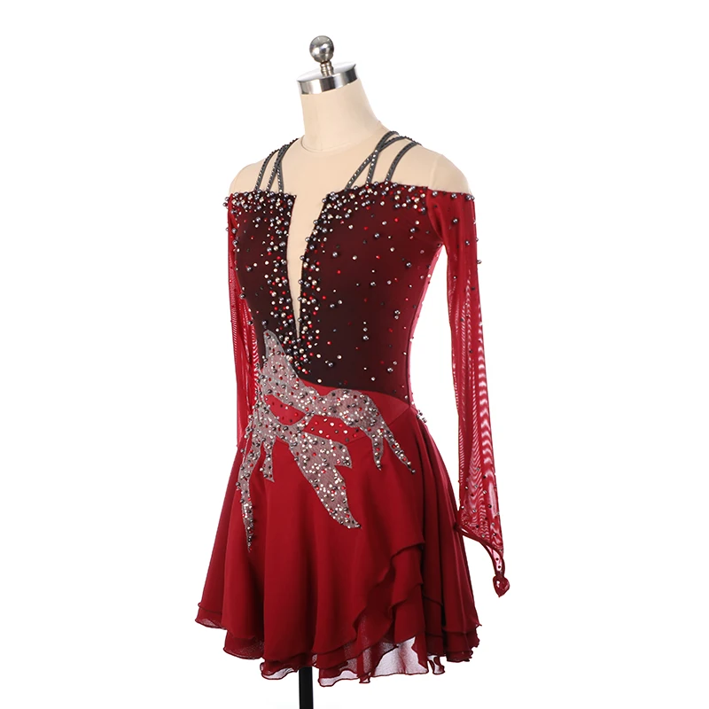 Nasinaya Figure Skating Dress Custom Competition Skating Skirt Girl Woman Burgundy Long Sleeve Gymnastics Performance Suit
