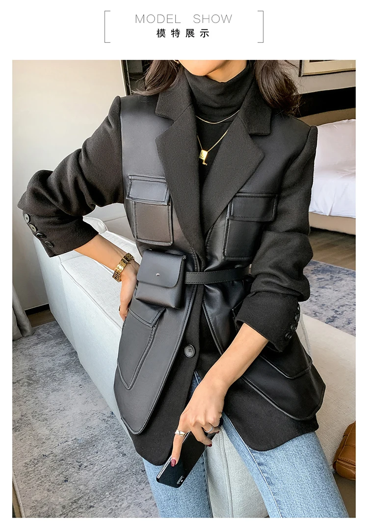 Nerazzurri Autumn Black Wool Blends Patchwork Leather Jacket Women with Many Pockets Long Sleeve Korean Fashion Streetwear 2022