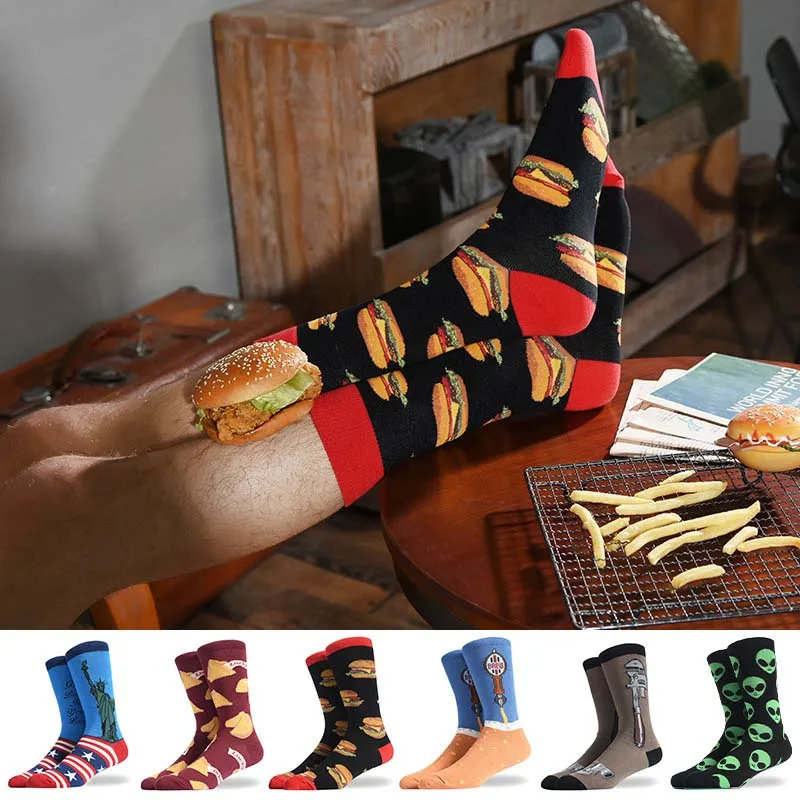 Burger Pizza Sushi Alien males Socks Fashion Cute Series Korean Harajuku Cartoon Funny Women Happy Cotton Cool Middle tube Socks