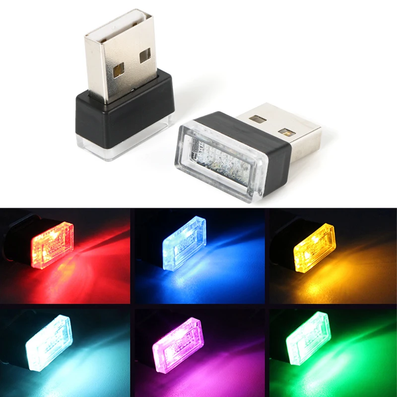 7 Colors Car Mini USB LED Atmosphere Lights Decorative Lamp Interior Light PC Portable Plug Ambient White Emergency Lights Blue