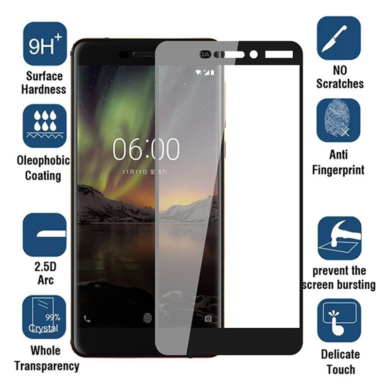 Full Cover Screen Protector for Nokia 1 2 3 5 6 2018 Tempered Glass for Nokia 2.1 3.1 5.1 6.1 Protective Glass for Nokia 7 Plus