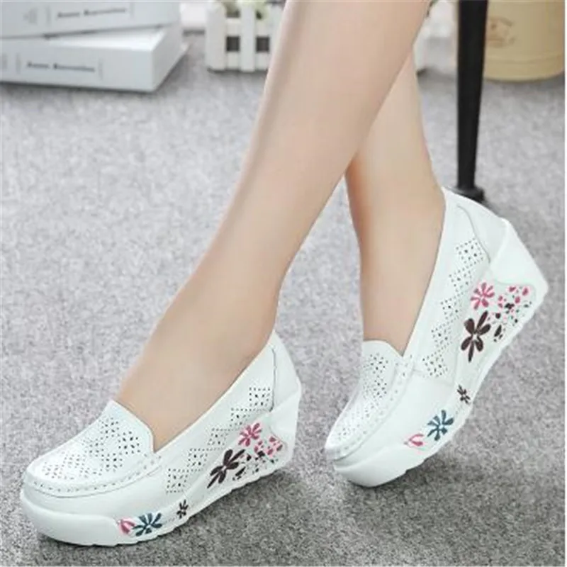 Girls' Shoes New Women's Genuine Leather Platform Shoes Wedges White Lady Casual Shoes Swing mother Shoes Size 35-40