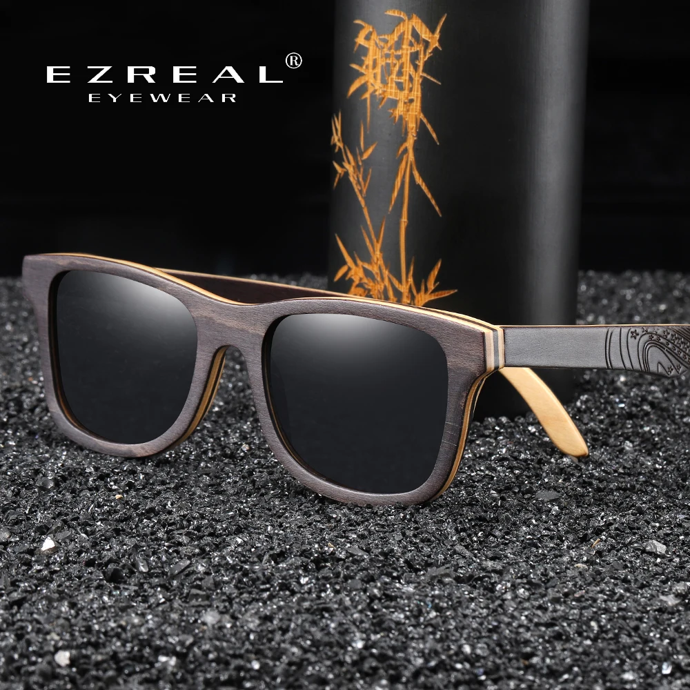 EZREAL TOP Black Wooden Sunglasses Handmade Natural Skateboard Wooden Sunglasses Men Women Wooden Polarized Sunglasses S5832