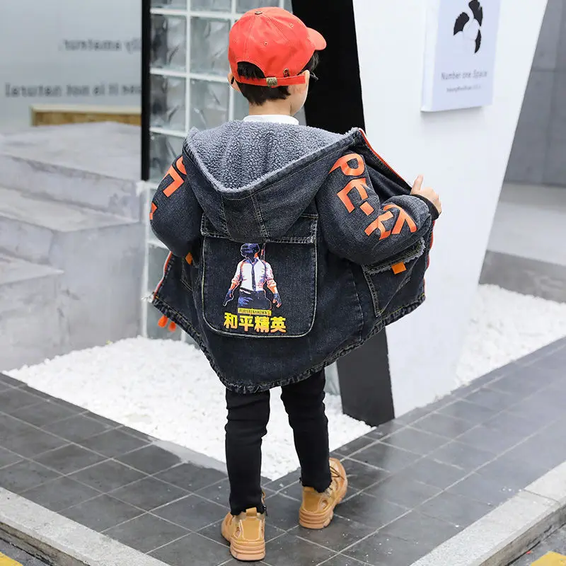 Denim Jacket Boys 2024 Autumn Winter Fashion Cartoon Plus Velvet Hooded Warm Trench Coat Children\'s Outerwear Teenager Clothes