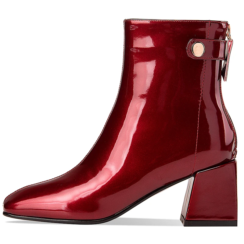 Drestrive Patent Leather Women Ankle Boots Zipper Square Toe 2021 Winter Shoes Thick High Heels Big Size 42 Wine Red