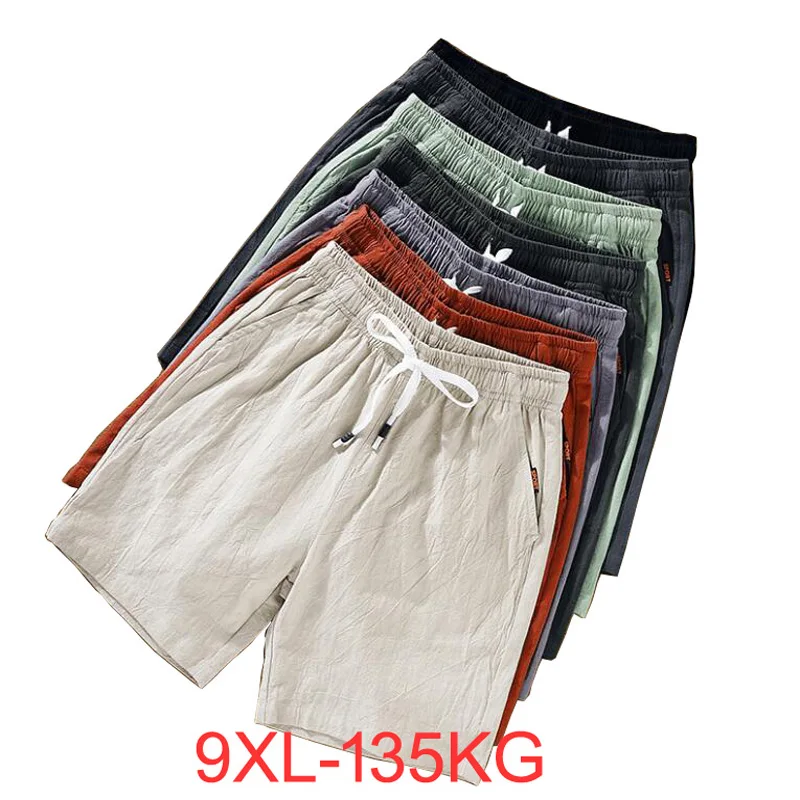 Summer Men Cotton Linen Shorts Chinese Style Plus Size Big 6XL 7XL 8XL 9XL Shorts Casual Male Home Stretch Shorts Green Orange