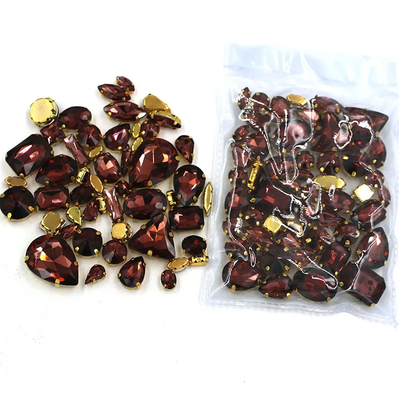 NEW 50pcs/bag mixed shape gold base glass rhinestones Wine red flatback sew on rhinestones diy clothing accessories