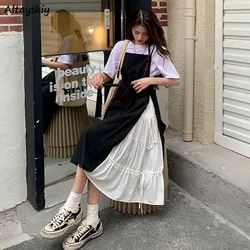 Women Sets Design Bandage Vestidos Panelled Midi Dresses Summer Short Sleeve T-shirts Korean Style Mujer 2 Pcs Streetwear Trendy