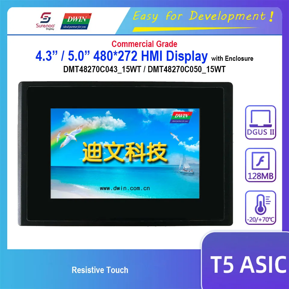 

Dwin T5 HMI Display, DMT48270C043_15WT DMT48270C050_15WT 4.3" 5.0" RS232 485 480X272 LCD Module Resistive Touch Screen Enclosure