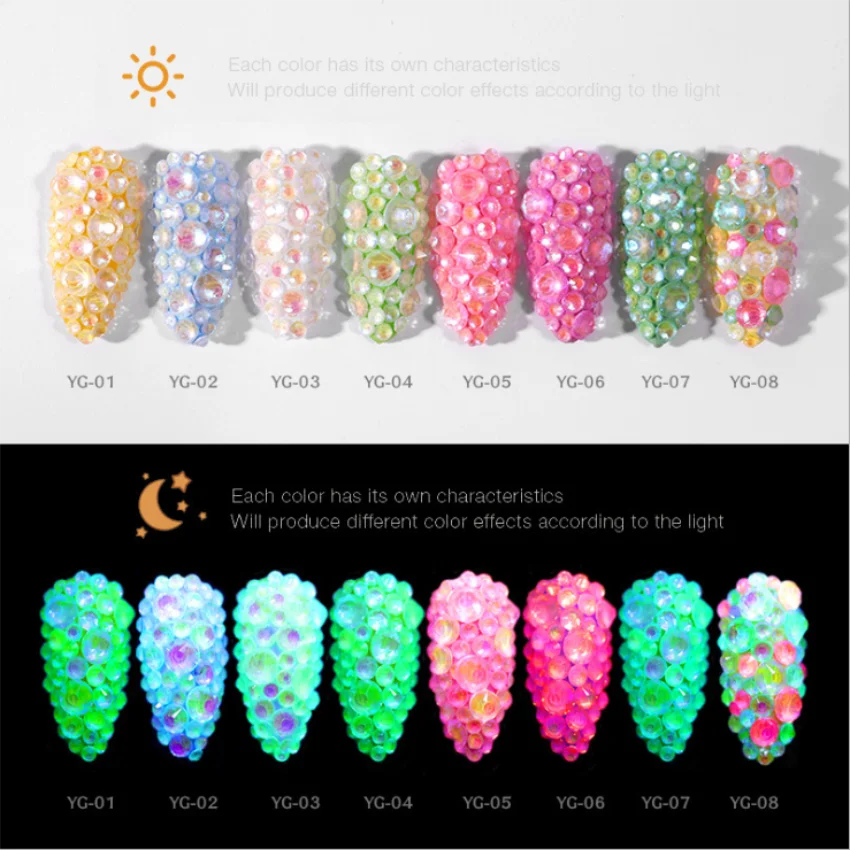 Luminous Crystal Nail Art Rhinestones Mix Size Glitter Glass Gem 3D Charm Flatback Strass Fluorescence Nail Art Decorations