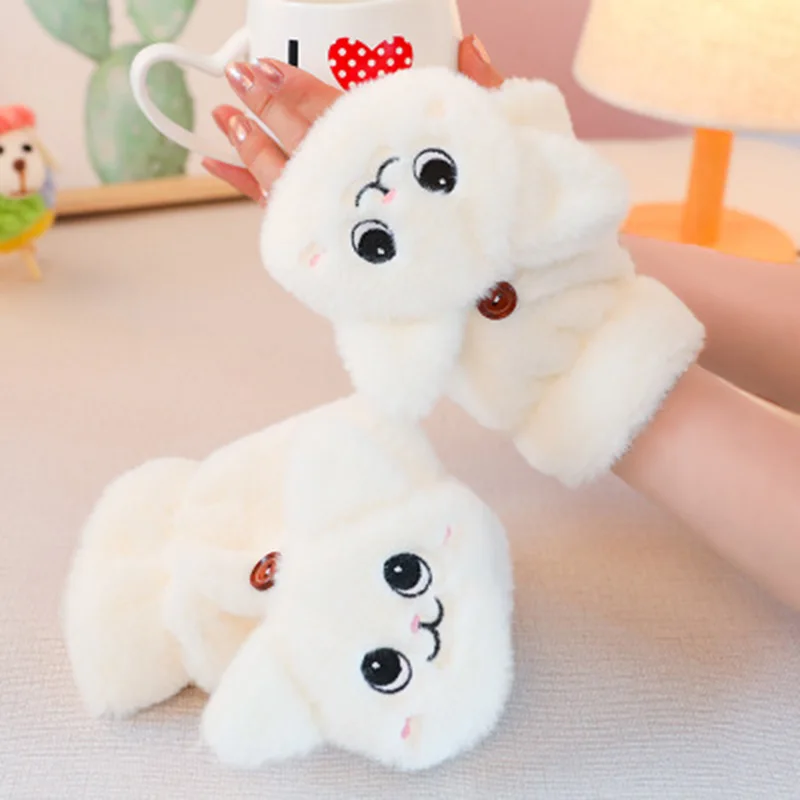 

Зимние теплые вязаные варежки из мягкого кроличьего меха, женские перчатки с откидной крышкой на половину пальца, плюшевые толстые милые перчатки с кошачьим сенсорным экраном E65