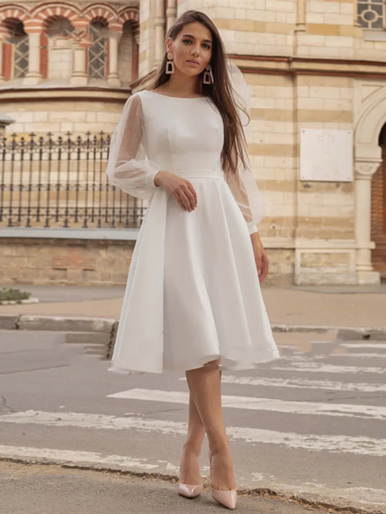 

Simple Wedding Dress 2024 Stain Full Organza Sleeve Tea Length Bride Gown Cheap Hot Sale A-Line Robe De Mariée Elegant