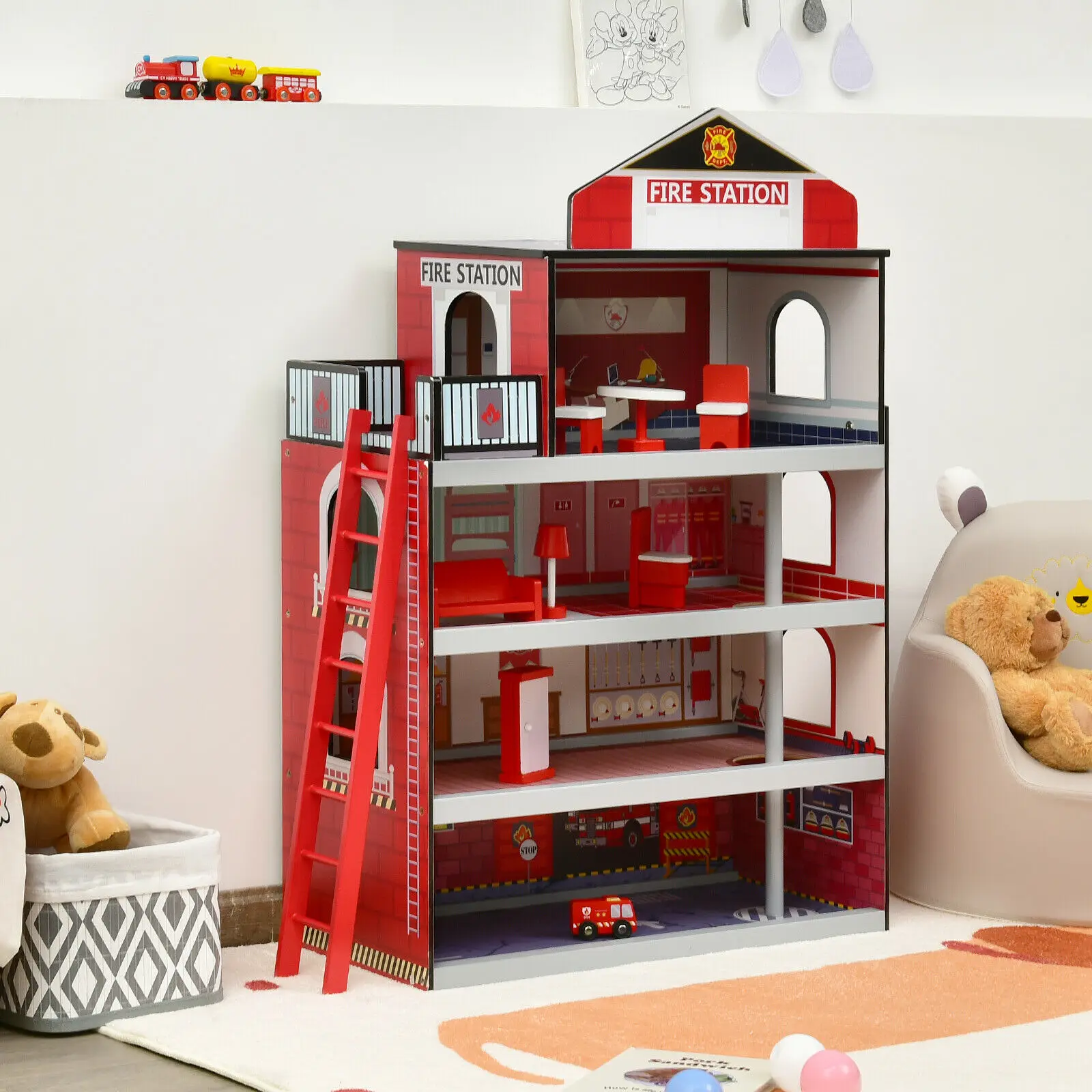 Costway Fire Station Playset Wooden Dollhouse Fireman Toys w/ Truck & Helicopter  TY327905