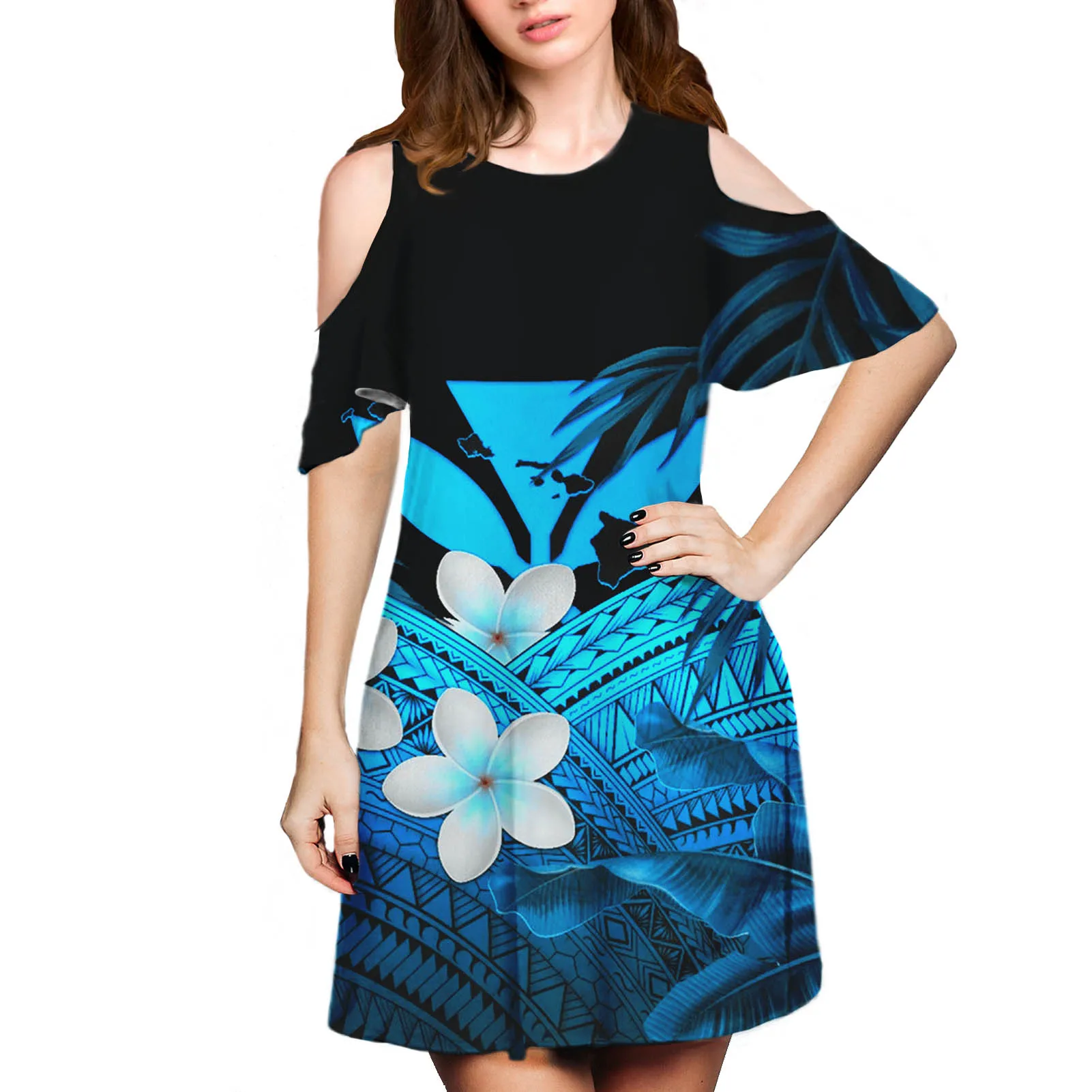 Hycool Nieuwe Vrouw Lente Zomer Sexy Jurk 2021 Korte Mouw O-hals Flower Blauw Rode Jurk Polynesische Tribal Gewaad Femme