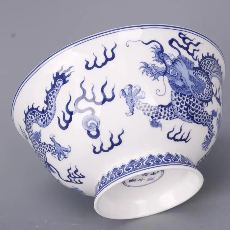 6.1 inch Chinese Style Blue and White Porcelain Two Dragons Design Bowl Crafts Home Decoration Ornaments