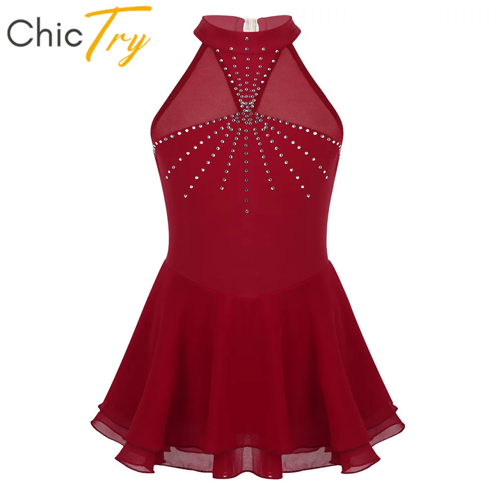 ChicTry – vêtements de danse pour enfants, sans manches, brillant, strass, maille, gymnastique, justaucorps, robe de Ballet pour filles, Costume de patinage