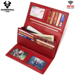 Genuine Leather Wallets Women Long Hasp Rfid Card Holder High Quality Ladies Red Coin Purse With Cellphone Pocket Portfel Damski