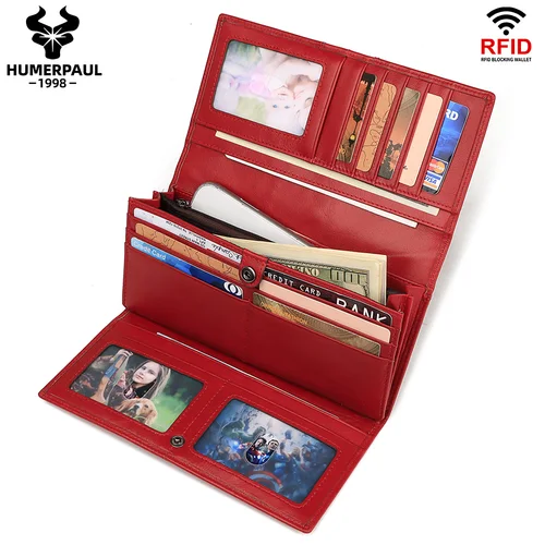 Carteras de cuero genuino para mujer, tarjetero Rfid con cerrojo largo, monedero rojo de alta calidad con bolsillo para teléfono móvil, Portfel Damski