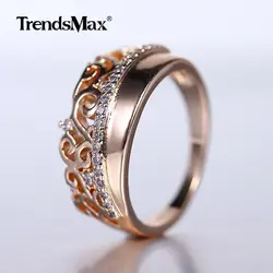 Weaving Patterned Band Ring 585 Rose Gold Color Clear CZ Princess Queen Crown Ring for Women Girls Wedding Party Jewelry GR63