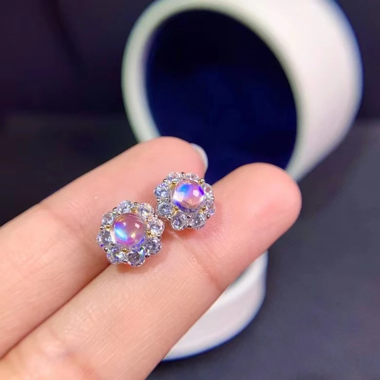 

Exquisite High-end Gift Natural Moonstone Stud Earrings for Women Jewelry Round Gemstone Real 925 Silver Birthstone