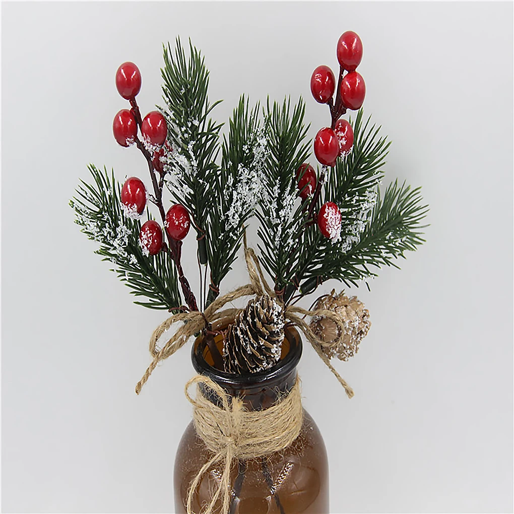 1pc Artificial Red Berry Branches Christmas Picks Spray Artificial Pine Cones Holly Stem Craft Xmas Navidad Decorations