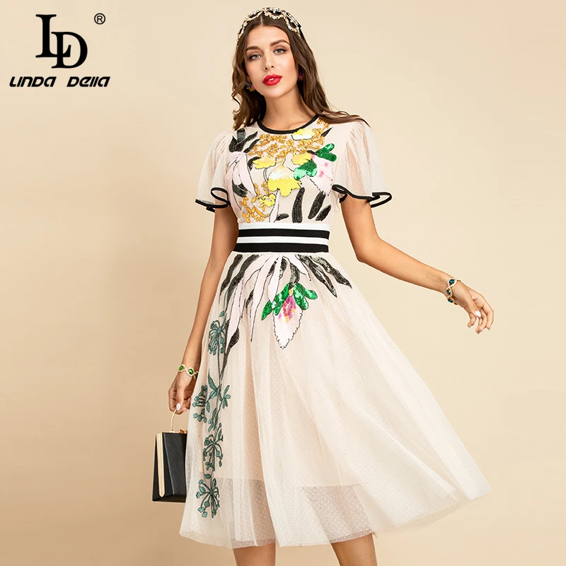 LD LINDA DELLA New 2021 Women Summer Fashion Runway Midi Dress Butterfly Sleeve Sequined Embroidery Ladies Slim A-Line Dresses