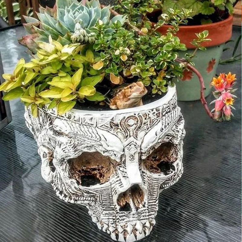 

Skull Head Planters Pots Gothic White Human Skull Design Flower Pots Container Antique Sculpture Planter Home Decorations Gifts