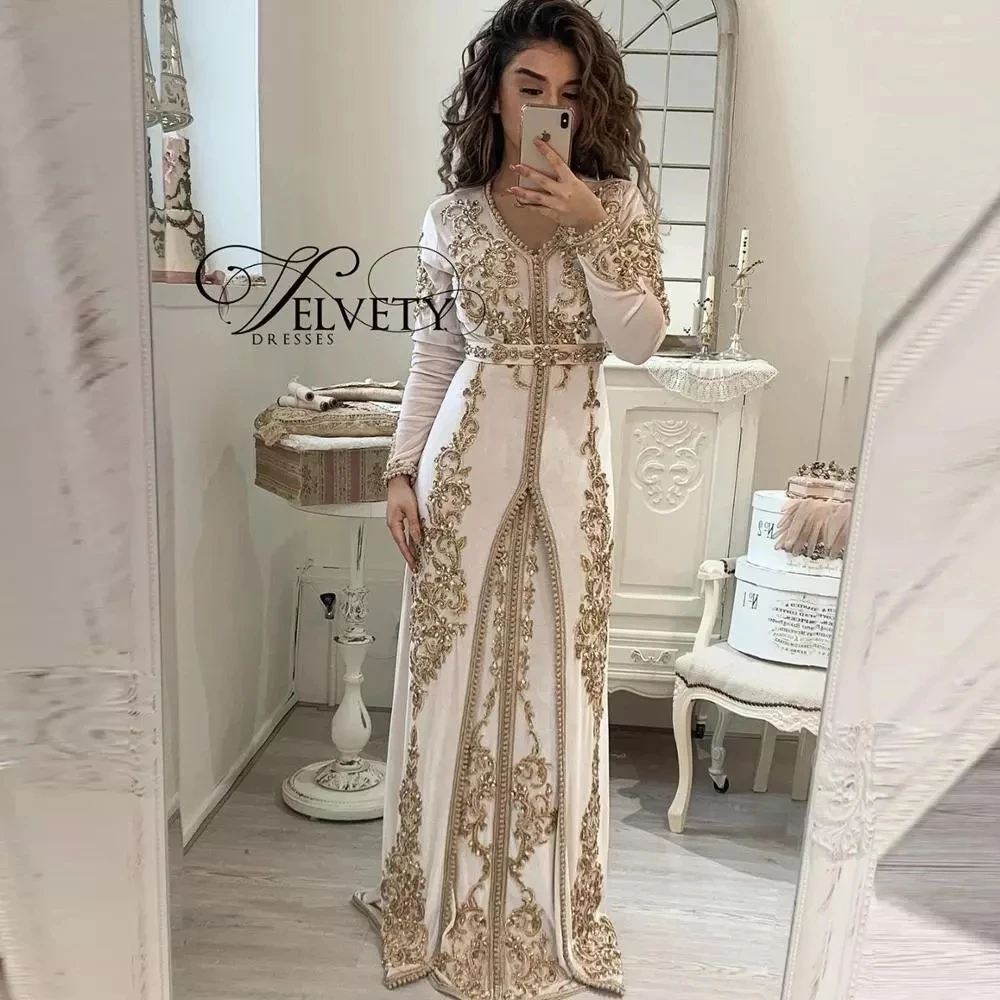 Moroccan Kaftan Caftan Muslim Evening Dresses A-line Long Sleeves Applique Beading Dubai Arabic Abaya Islamic Gown Customized