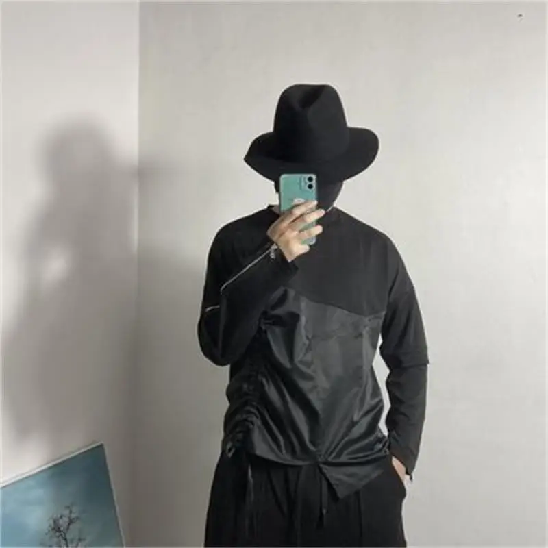 Spring new men's dark fashion brand round-necked long-sleeve hoodie irregular stitching fake two-sleeve t-shirt