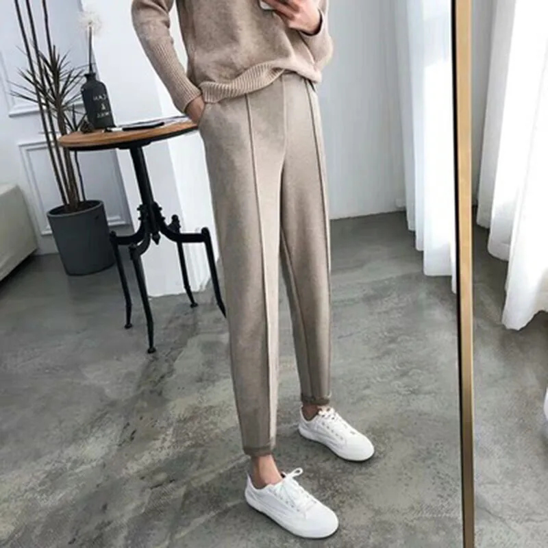 

Winter Thicken Women Pencil Pants Wool Pants Female Autumn High Waist Loose Trousers Capris Soft Good Fabric