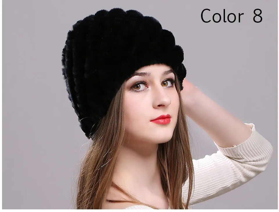 Echt Rex Kaninchen Pelz Hut Elastische Gestrickte Kappe mit Streifen Design Winter Hut für Frauen Damen Herbst Kopfbedeckungen Mode Mädchen bonnets – Detail 22