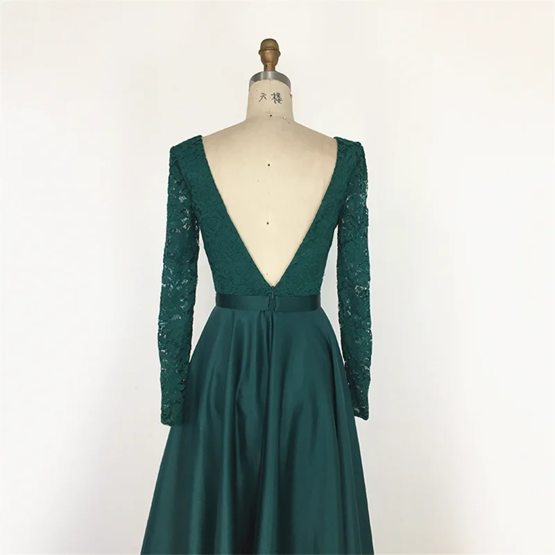 Vestido de fiesta verde oscuro para madre, elegante vestido de noche con cuello en V profundo, encaje de satén, manga larga, línea A, 2020