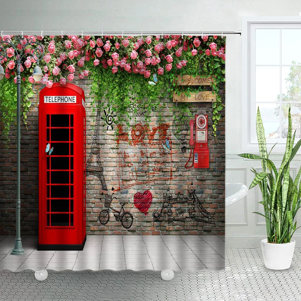 Retro Street Flowers Shower Curtains Pink Rose Natural Floral Wall Red Telephone Booth Vintage Bicycle Fabric Bathroom Decor Set