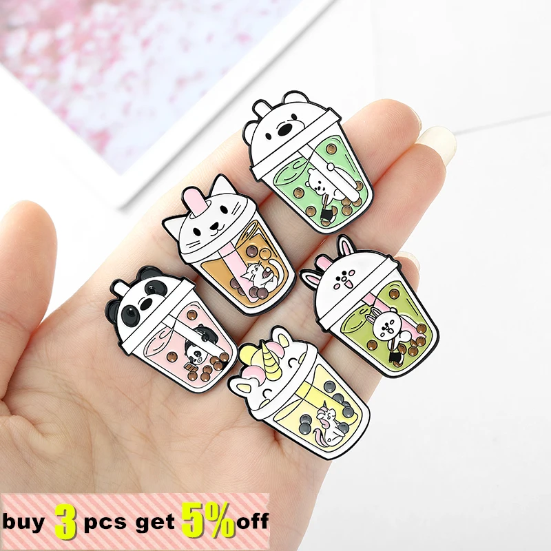 Cute Bubble Cat Penguin Boba Tea Enamel Pins Tapioca Milk Tea Lapel Pin Animal Badges Bag Kitty Brooches for Gift Wholesale