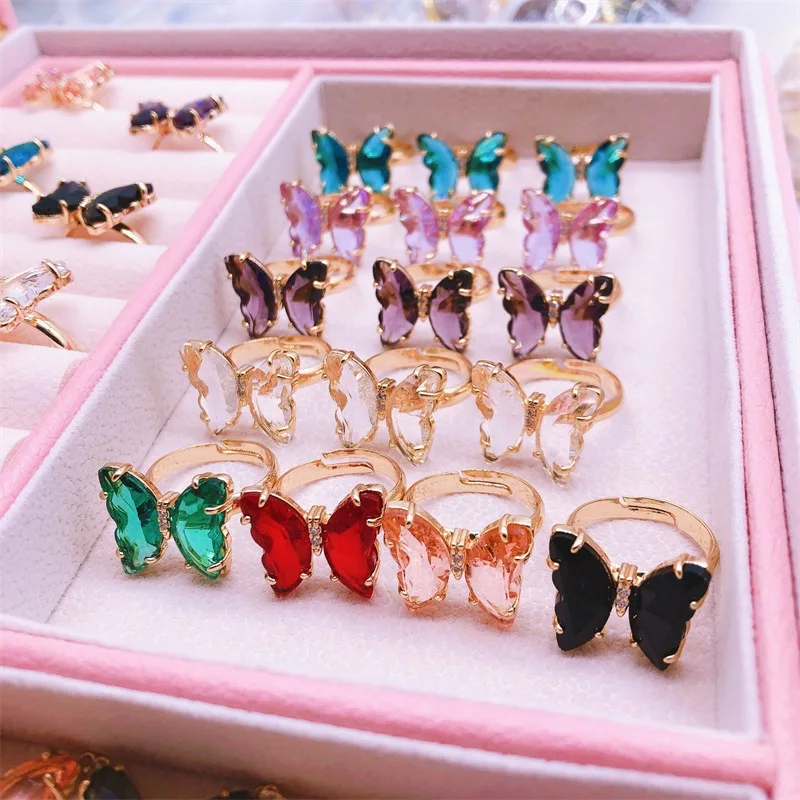 Wholesale Butterfly Ring Fashion Sweet Colorful Transparent Crystal Animal Women's Adjustable Ring Girl Party Jewelry Gift