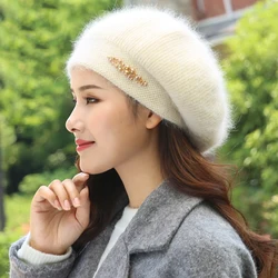 Beret Women Winter Hat Angora Autumn Knit Beanie Warm Thick Pearl Double Layers Snow Skiing Outdoor Accessory Female