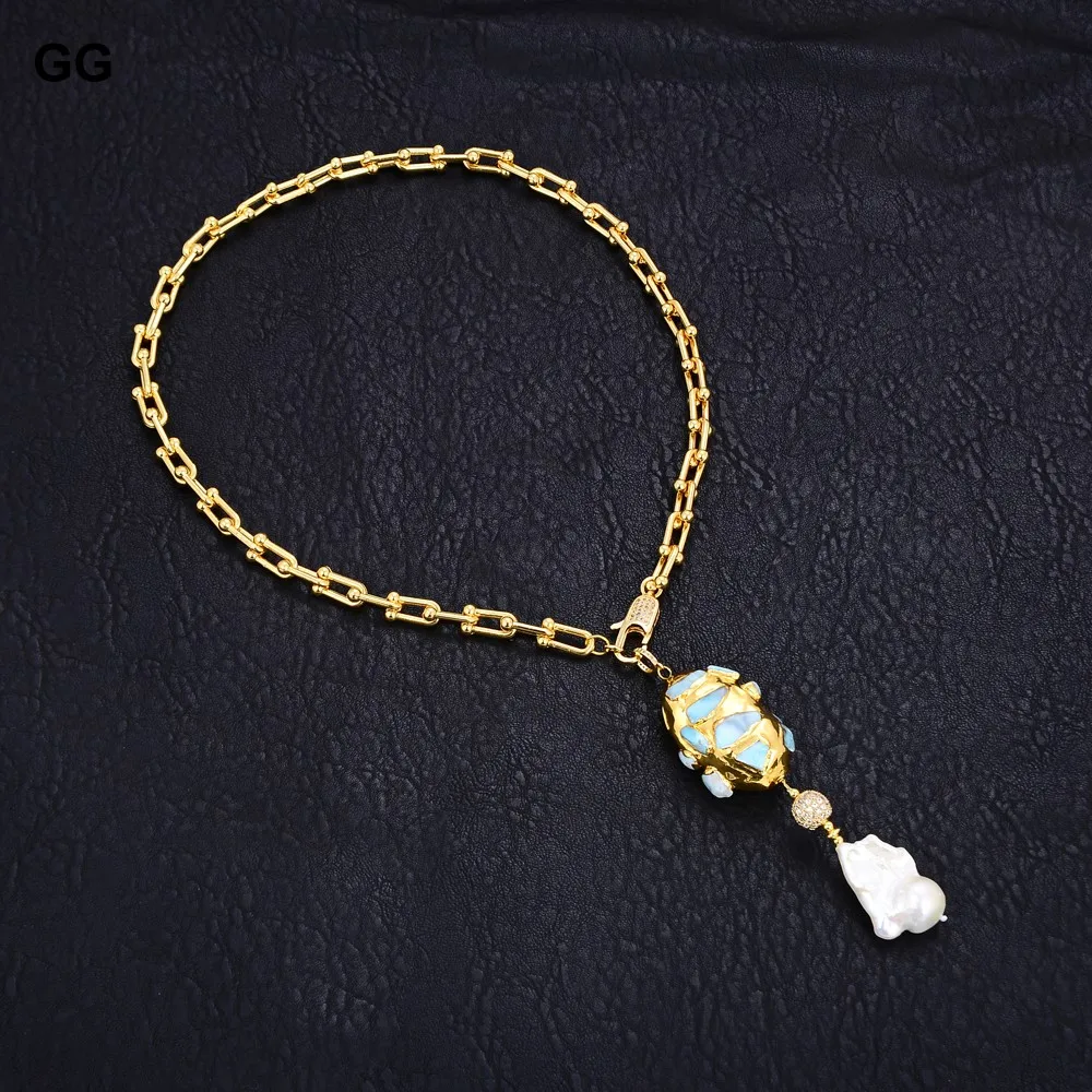 G-G Gold Color Plated Chain Statement Necklace Blue Larimar Freshwater White Keshi Pearl Pendant Necklace For Women