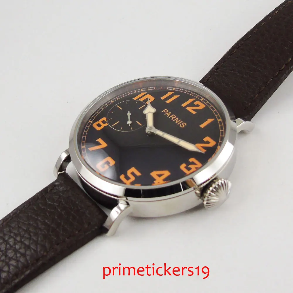 46mm Parnis Orange/Black Marks Stainless Steel Polished Case Leather Strap 6497 Hand Winding Movement Men Watch Black Dial